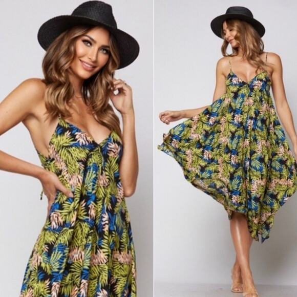 Tyche Women's Flowy Asymmetric Adjustable Tie Back Strap Midi Dress Tropical - Picture 13 of 13